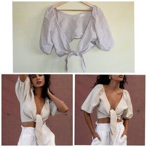 POSEE Mia 100% Linen Tie front women Top Size XS Plunge Puff Sleeve Lagenlook